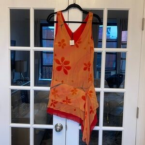 Orange & Red 100% Silk Floral Mini Dress